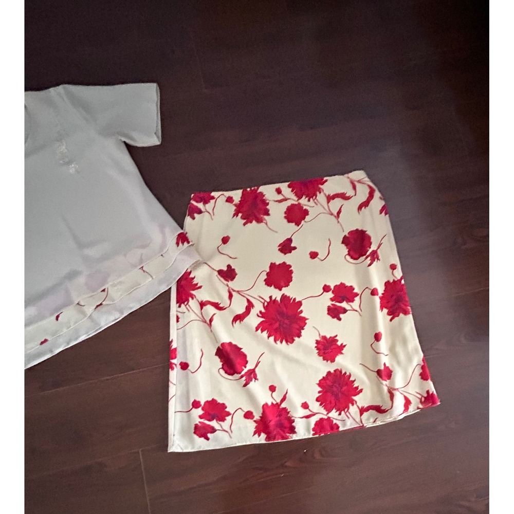 Omega Vintage 2 Piece Set Womens 2X Cream Red Floral Top and Midi Skirt USA - Picture 3 of 12